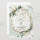 Invitation Magnifique boho vert feuille or oh bébé (Devant / Derrière)