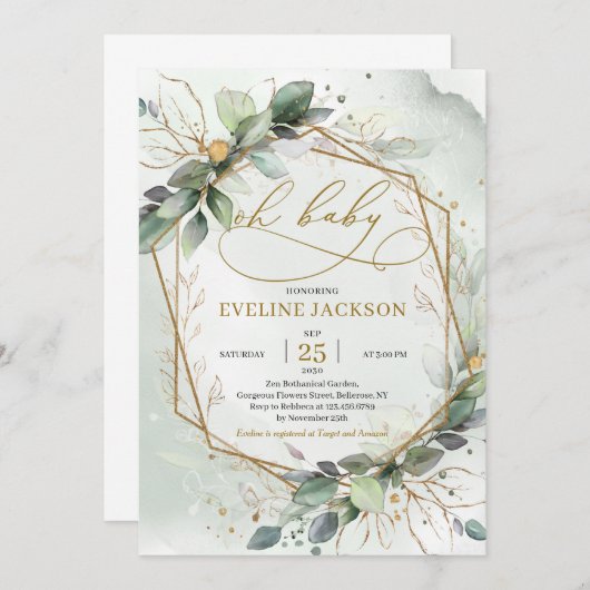 Invitation Magnifique boho vert feuille or oh bébé (Devant / Derrière)