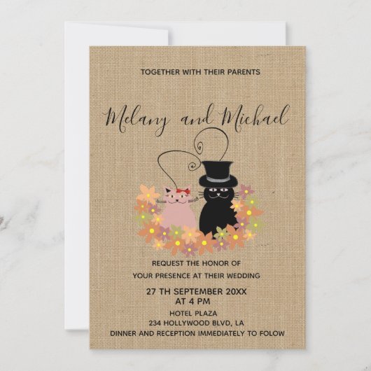 Invitation Magnifique caricature florale chats en burlap (Devant)