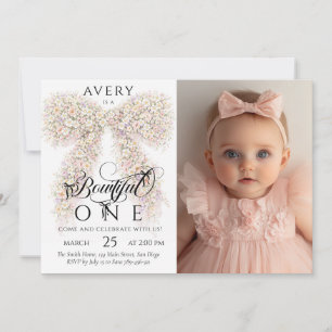 Invitation Magnifique Fleur à Ruban Bébé Fille 1er Anniversai