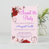 Invitation magnifique fleur rose rouge Sweet 16 (Debout devant)