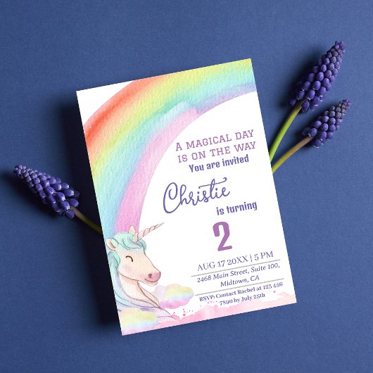 Invitation Magnifique licorne arc-en-ciel 2e anniversaire