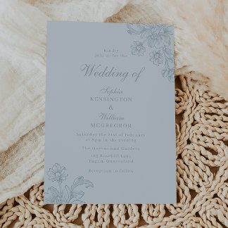 Invitation Magnifique mariage à l'art linéaire floral bleu