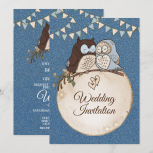 Invitation Magnifique Mariage Bleu Marron Hibou Paillettes