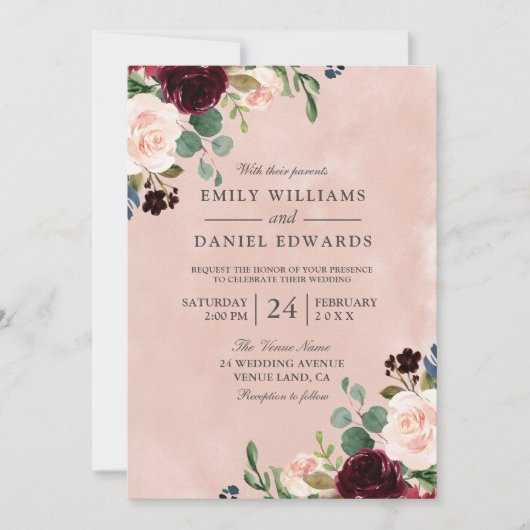 Invitation Magnifique Mariage de fleurs bordeaux bleu aquarel (Devant)
