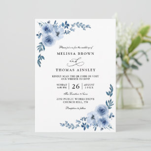 Invitation Magnifique mariage élégant avec code QR floral ble