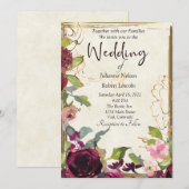 Invitation Magnifique mariage rose burgundy et or (Devant / Derrière)