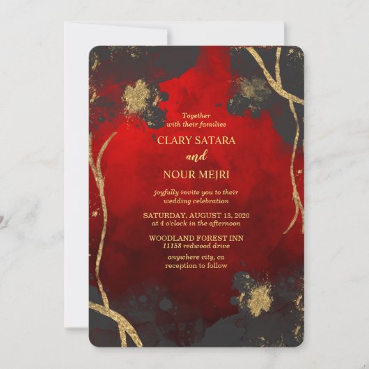 Invitation Magnifique mariage rouge, gris et or élégant (Devant)