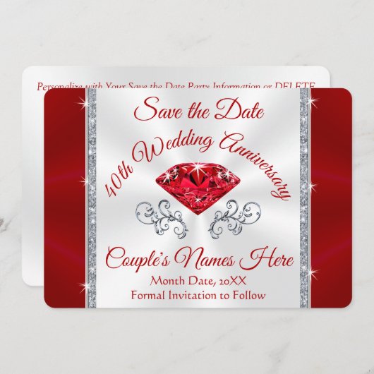 Invitation Magnifique Personnalisée, 40e Enregistrer les cart (Devant / Derrière)