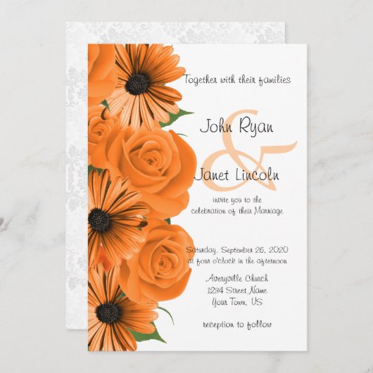 Invitation Magnifique Rose orange et Mariage Daisy (Devant / Derrière)