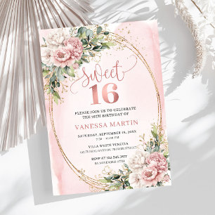 Invitation Magnifiques fleurs de rose en or Eucalyptus 16e an