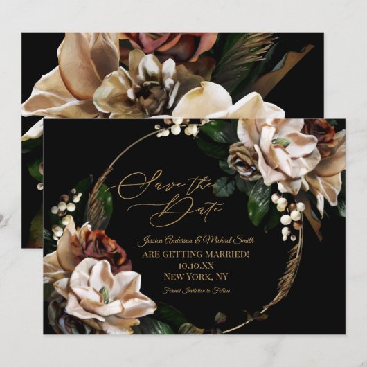 Invitation Magnolia Black Gold Wreath Floral Enregistrer la d (Devant / Derrière)