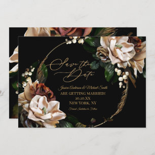 Invitation Magnolia Black Gold Wreath Floral Enregistrer la d