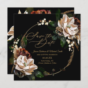 Invitation Magnolia Black Gold Wreath Floral Sauvez la date