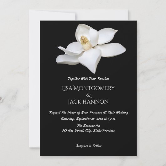 Invitation Magnolia Blanc Elégant Mariage Noir Blanc Floral (Devant)
