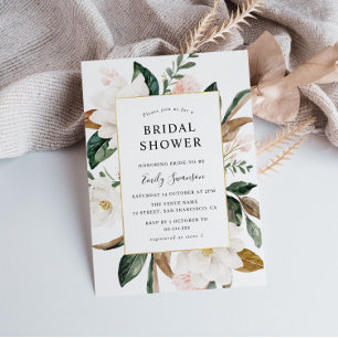 Invitation magnolia cadre doré fleuri douche nuptiale