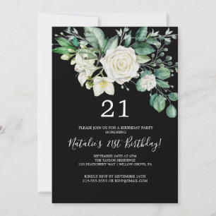 Invitation Magnolia Élégant 21e Anniversaire Noir et Blanc
