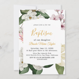 Invitation Magnolia Élégant Baptême Blanc et Rose