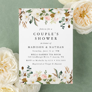 Invitation Magnolia Élégant et Fleurs Roses pour la Fête de C