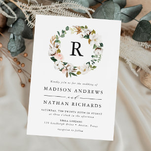 Invitation Magnolia Élégant et Mariage Floral Monogramme Blus