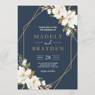 Invitation Magnolia Élégant Fleur Rose Navy Neutre