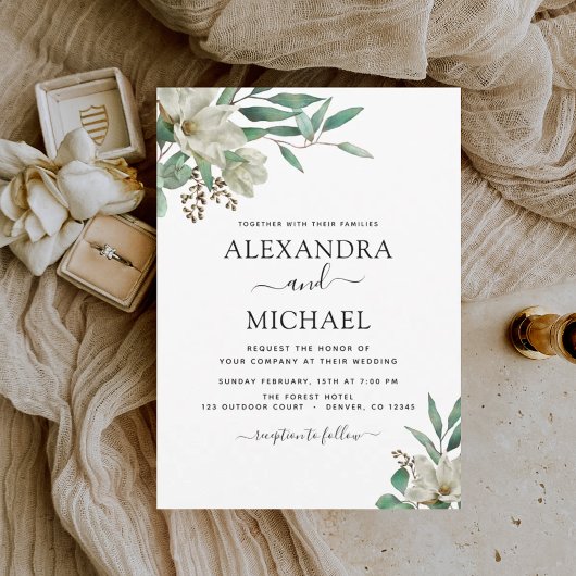 Invitation Magnolia Eucalyptus Aquarelle Mariage élégant