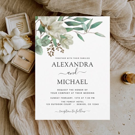 Invitation Magnolia Eucalyptus Aquarelle Mariage élégant