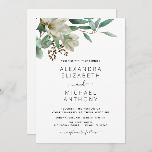 Invitation Magnolia Eucalyptus Aquarelle Mariage élégant (Devant / Derrière)