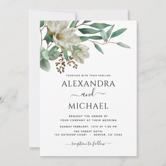 Invitation Magnolia Eucalyptus Photo Mariage élégant (Devant)