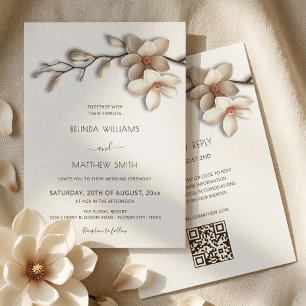 Invitation Magnolia Fleur 3D Blanc Ivoire Mariage Minimaliste