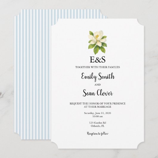Invitation Magnolia Fleur Mariage Monogramme Rayure Bleue (Devant / Derrière)