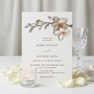 Invitation Magnolia Fleur Texturée Blanc Ivoire Mariage