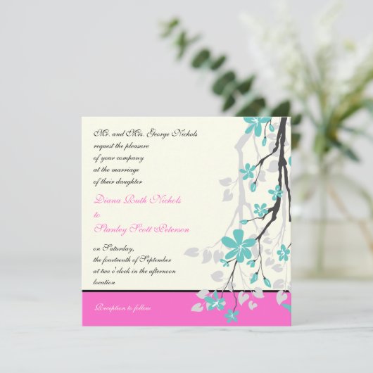 Invitation Magnolia fleurs turquoise, mariage rose chaud (Debout devant)