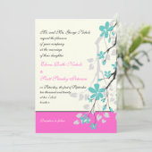 Invitation Magnolia fleurs turquoise, mariage rose chaud (Debout devant)