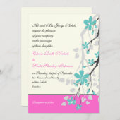 Invitation Magnolia fleurs turquoise, mariage rose chaud (Devant / Derrière)