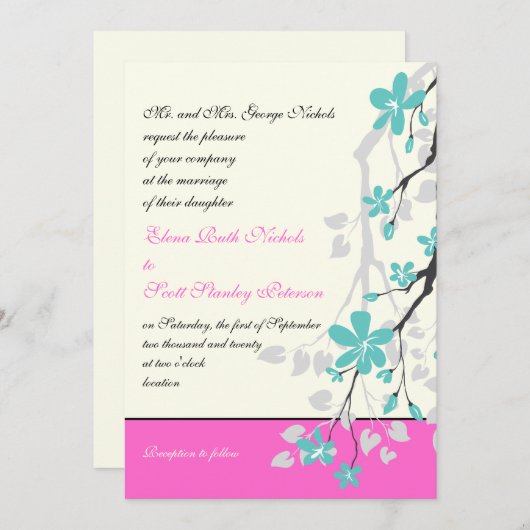 Invitation Magnolia fleurs turquoise, mariage rose chaud (Devant / Derrière)