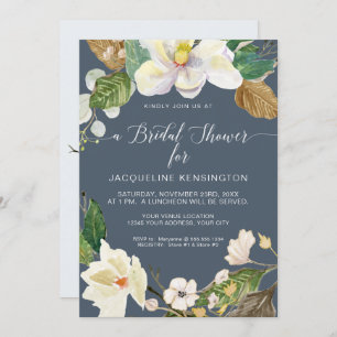 Invitation Magnolia Floral Aquarelle Feuillage Dusty Blue Nav