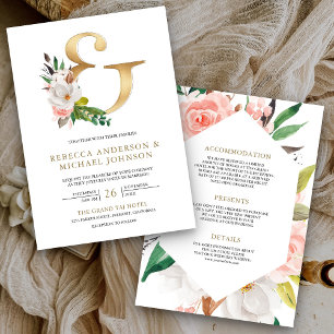 Invitation Magnolia Floral Or Ampersand tout en un Mariage