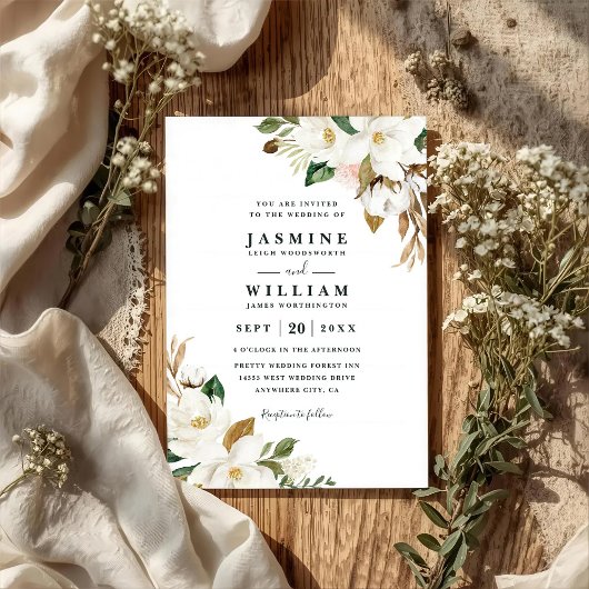 Invitation Magnolia Floral Rustique Simple Mariage Code QR