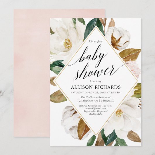 Invitation Magnolia floral verdure rustique baby shower fille (Devant / Derrière)