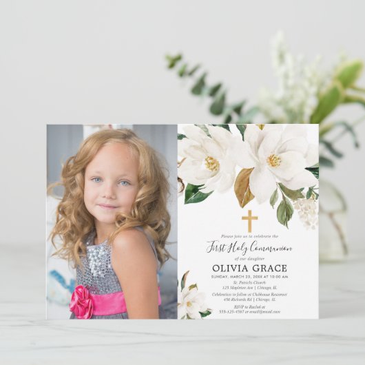 Invitation Magnolia florale blanche rustique première communi (Debout devant)