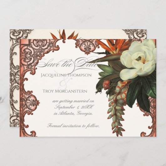 Invitation Magnolia Oiseau de Paradis Floral Tropical Orange (Devant / Derrière)