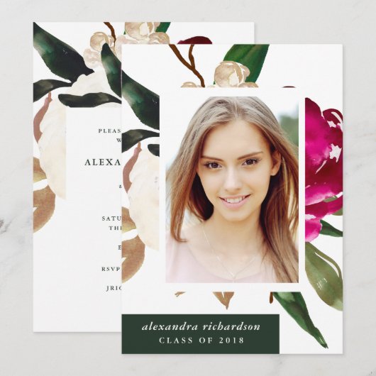 Invitation Magnolia peint | Photo Graduation Party (Devant / Derrière)