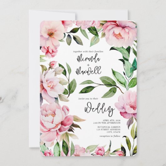 Invitation Magnolia Peony Mariage d'aquarelle rose (Devant)