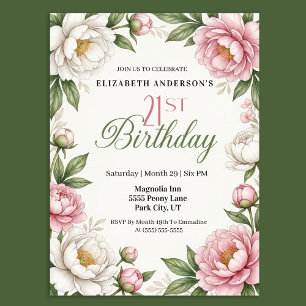 Invitation Magnolia Rose Pâle et Pivoine 21ème Anniversaire