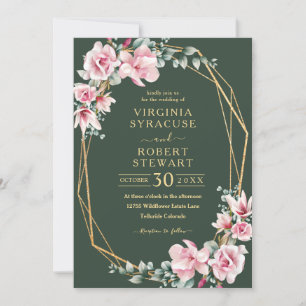 Invitation Magnolia rose pâle Mariage vert géométrique