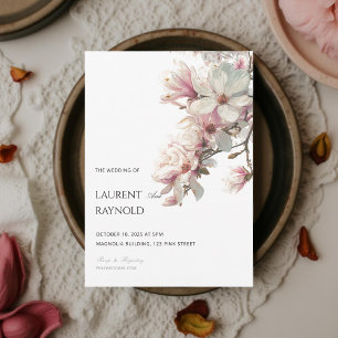 Invitation Magnolia rose poudré aquarelle botanique mariage