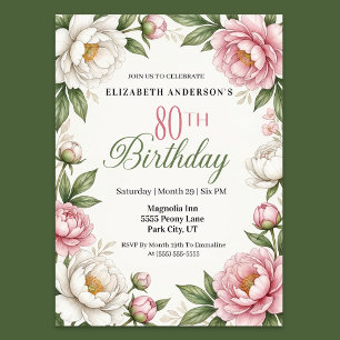 Invitation Magnolia Rose Tendre et Pivoine pour un 80ème Anni