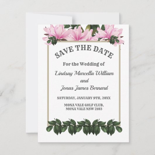 Invitation Magnolia Rose Vert Floral Enregistrer La Date (Devant)