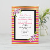 Invitation Magnolia sur Pink & Faux Gold Stripes Anniversaire (Debout devant)